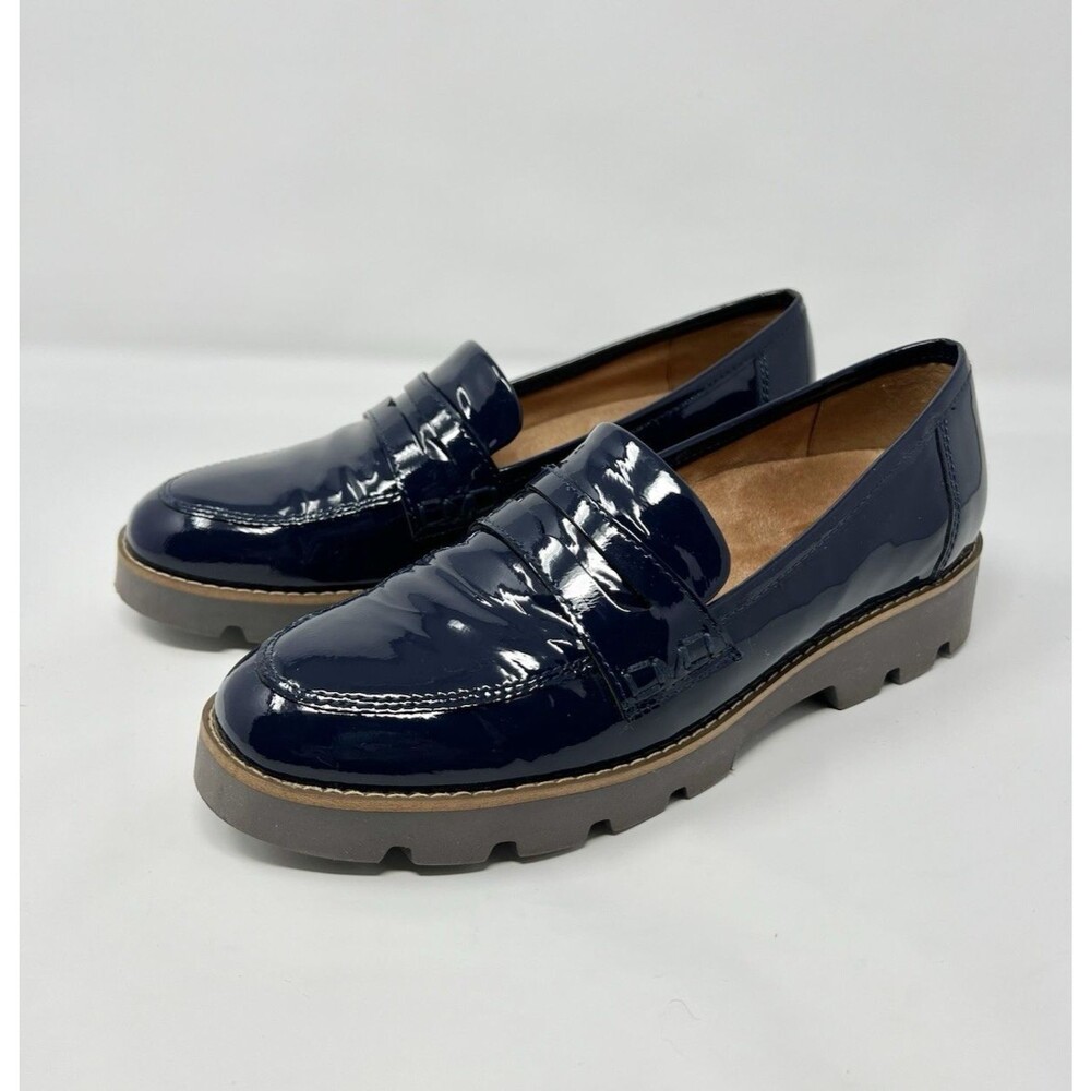 Vionic Cheryl Womens 6.5 Blue Patent Leather Penny Loafers Shoe Academia Classic